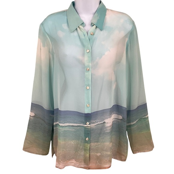 Tommy Bahama Tops - Tommy Bahama Water's Edge Blouse Sz M Blue Silk Chiffon Ocean Beach Coastal NEW
